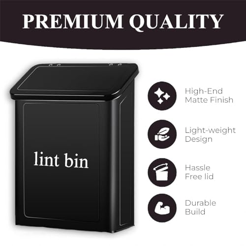 Magnetic Lint Bin with Lint Brush, two white hooks, one black back hook & all accessories for Laundry Room decor, Wall-Mounted Lint Bin with Lid, Powder Coated, Space-Saving Trash Can (Black) - color: Black