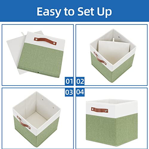 Temary Fabric Storage Bin 11x11 Cube Storage Bins for Home, 4 Pack Fabric Organizer Bins Cube Organizer Bins with Leather Handles Decorative Storage Bins for Shelf (White&Green) - color: White&Green, size: 11×11×11