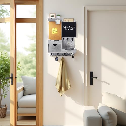 Key Holder Wall Mount， Mail Organizer Key Holder for Wall with Shelf, Drawer, Chalkboard, Corkboard, Home Decor Wall Mounted for Room Entryway(Grey) - color: Gray, size: Vertical