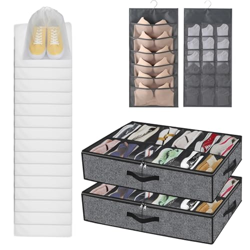 2 pc Sturdy Under Bed Shoe Storage Organizer, Underbed Shoes Closet Storage Solution with Clear Window, Breathable, With 1 Sock Bag and 20 Disposable Shoe Bags Fit 12 to 24 Pairs, Linen-like Black
