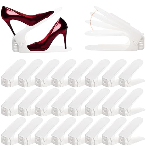 Noamus 24 Packs Shoe Slots Organizer, Adjustable 4 Level Shoe Stacker, Double Layer Stack Shoe Holder, White Plastic Shoes Space Saver, Thickening Shoe Rack Holder for Closet Organization, White