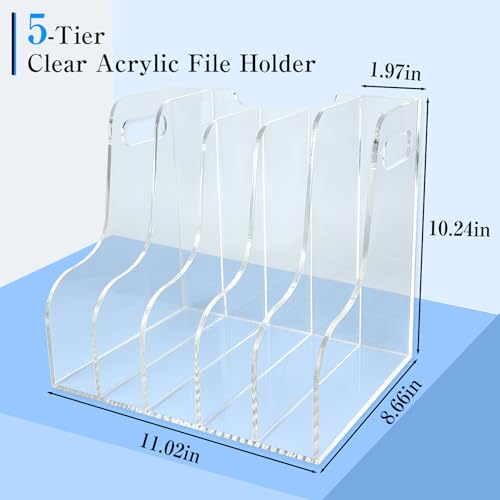 5-Tier Clear Acrylic File Holder, Vertical Document Organizer for Magazines, Binders, Notebooks & Envelopes - Multi-Purpose Desk Storage for Home Office（A4,5 Sections） - size: A4, 5 Sections