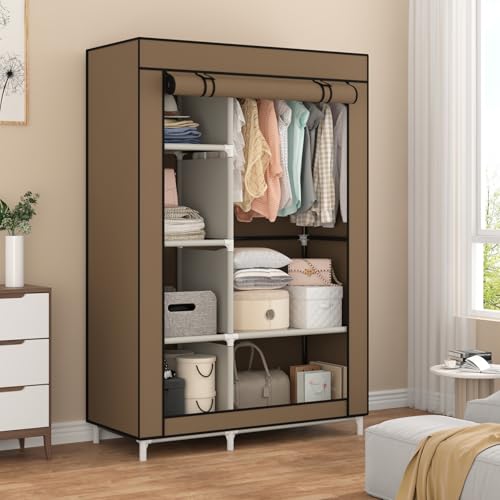 Calmootey Portable Closet Organizers, Clothing Storage, Wardrobe with 6 Shelves and Hanging Rod, Non-Woven Fabric Cover with 4 Side Pockets, Brown - color: Brown