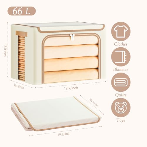 Yecaye Clothes Storage Bins with Metal Frame, Foldable Clothing Storage Bin with Lid, Stackable Oxford Fabric Organizer Box With Clear Window & Zippers & PU Leather Handles (3 Pack,Beige,66L) - color: Beige, size: 66L Large(3 Pack)