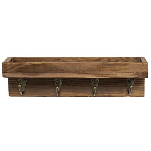 MyGift 10 Inch Floating Wall Shelf with Hooks, Dark Brown Wood Entryway Storage Shelf with 4 Metal Key Hooks - color: Dark Brown