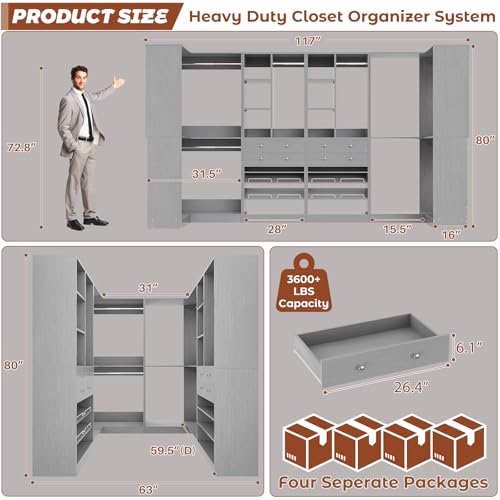 Besiost Closet System with 4 Drawers & Corner Tower, Closet Organizer System with 4 Hanging Robs, Reversible U Shaped Walk-in Closet System, Load 2600+LBS Capacity, Set of 4, Morandi Grey - color: Morandi Grey, size: 117" * 31.5"