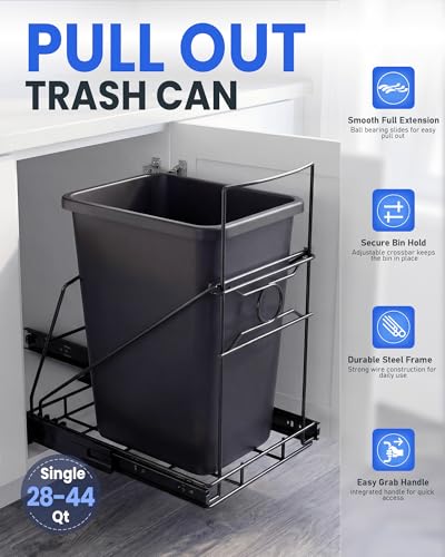 Pull Out Trash Can Under Cabinet Adjustable Trash Can Holder for 7 to 11 Gallon Bin Bottom Mount Slide Out Trash Rack for Narrow Cabinets(Black, No Bin Included) - color: Black