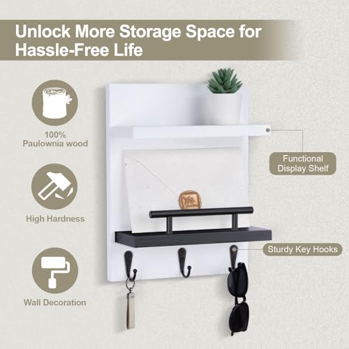 Key Holder Wall Mount, Key Holder With 2 Display Shelf, 3 Hooks for Key, Coat, Dog Leash, Key Hanger with Hook for Mail, Potted Plant, Farmhouse Mail Holder, Entry Way Organizer (White & Black) - color: White & Black