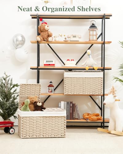 SETVSON Storage Basket with Lid Rattan Woven Storage Baskets with 2 Separate Lids, 17.2 Gallon (65 L) Wicker Storage Bins Foldable 2 Removable Liner Bags Handles for Bedroom, Laundry Room Light Khaki - color: Light Khaki, size: 65L-22L*13W*13.8H