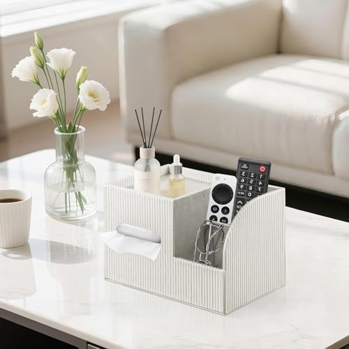 Modern PU Leather Cube Tissue Box Cover with Storage Tray, Multifunctional Remote Control Holder & Facial Tissue Dispenser Organizer for Nightstand, Bathroom, Bedroom, Office & Home Decor - color: White