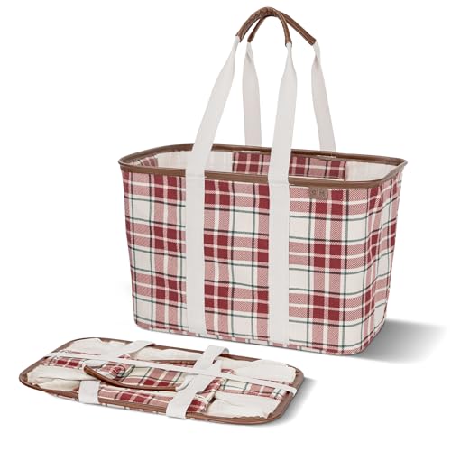 CleverMade Collapsible LUXE Tote - Reusable Grocery Shopping Storage Bag Organizer w/Handles Reinforced Bottom - color: Red Checker