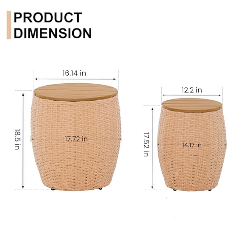 Sundale Outdoor Side Table Set of 2, Wicker Round Patio Barrel Side Tables with Storage Basket, Rattan End Table for Patio, Porch, Poolside, Garden Stool, Lounge Chair