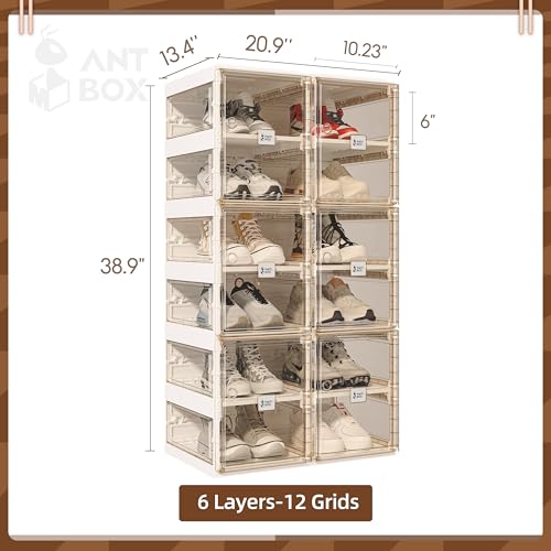 ANTBOX Foldable Shoe Rack,Shoe Organizers for Closet Plastic Shoe Storage Box For Entryway,Living Room,Large Sturdy Stackable Sneaker Cabinet Bins With Magnetic Clear Door 6 Tiers 12 Pairs - color: Brown, size: 6 Tiers 12 Pairs