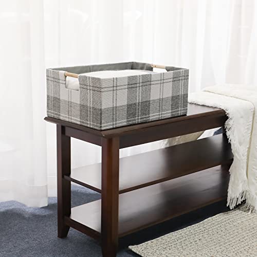 Fabric Storage Bin Box Collapsible Cotton Linen Storage Cube with Wooden Handles Rectangular Decorative Home Organizer Clothes Blanket Basket– Light Gray Plaid, Large - color: Light Gray Plaid, size: Large