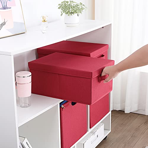 HOONEX Storage Bins with Lids for Organizing, Pack of 2, Storage Boxes with 2 Carrying Handles and Sturdy Heavy Cardboard, 16.5" L x 11.8" W x 7.5" H for Shoes, Books, Clothes, Red - color: Red