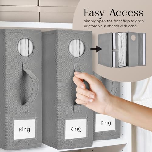 TOSORO 6 Pack Bed Sheet Organizer and Storage, Foldable Storage Organizer for Linen Closet with Viewing Window & Label for Bedding Sheets & Blankets (Queen & King Size) Gray - color: Grey, size: 6 Pack
