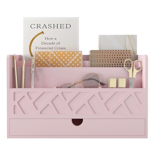 Wisuce Bamboo Mail Organizer Countertop Desktop with Drawer - All-in-One Desk File Organizer with Pencil Holder (Pink) - color: Pink