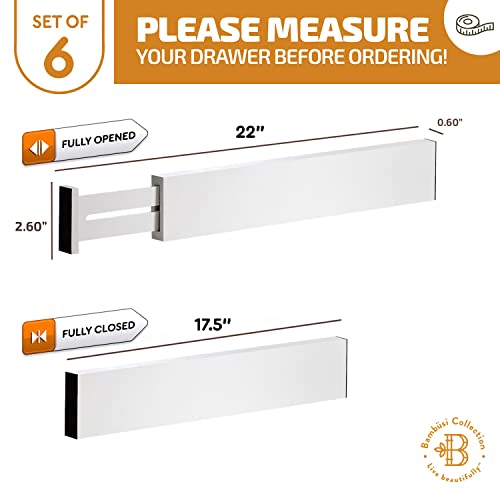6-Pack Drawer Dividers - 2.6 Inches High, Adjustable 16 to 22 Inches Bamboo Drawer Organizer, Large Expandable Separator for Clothes, Dresser, Bedroom, Bathroom, Baby, Office, Kitchen Utensils, White - color: White