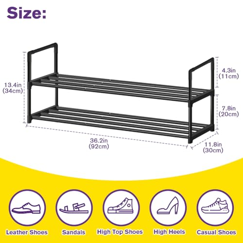 Shoe Rack - Metal Shoe Rack Organizer - Stackable Shoe Storage Shelf for Entryway, Closet, Bathroom 30cm(D) x 92cm(W) x 55cm(H) -Black (2-Tier) - size: 2-Tier