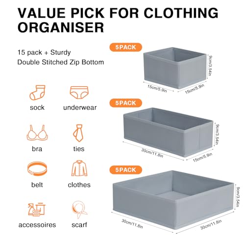 DIMJ Drawer Organizer 15 Pack - Foldable Baby Clothes Storage & Dresser Organizer for Nursery, Bedroom, Closet - Nursery Organization Dresser Dividers for underwear, Sock,Bra, Belt, Tie, Gray - color: Gray, size: 15 Pack