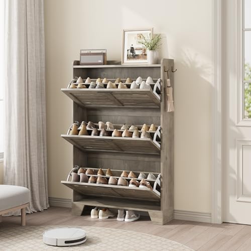 IDEALHOSUE Shoe Cabinet Storage for Entryway, Slim Shoe Storage Cabinet with 3 Flip Drawers, Freestanding Hidden Narrow Shoe Organizer Cabinet with Hooks for Entrance, Foyer, Hallway, Gray - color: Grey, size: 3-Drawers