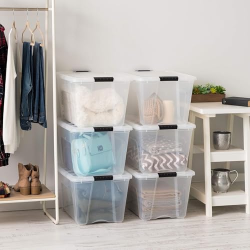 IRIS USA 54 Qt Stackable Plastic Storage Bins with Lids, 6 Pack - BPA-Free, Made in USA - See-Through Organizing Solution, Latches, Durable Nestable Containers, Secure Pull Handle - Clear - color: Clear, size: 54 Qt, style: 6 Pack