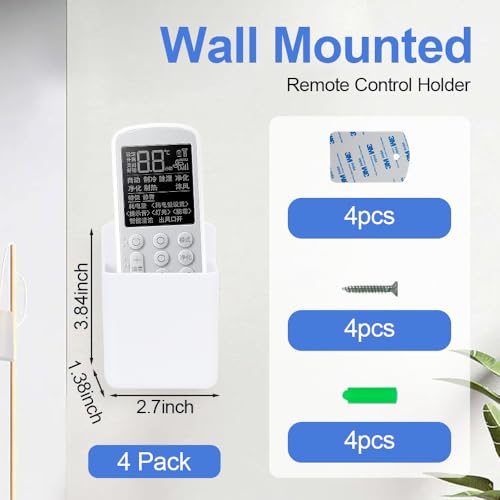 4 Pcs Remote Control Holder, Wall Mount TV Remote Holder Hole Free, Self-Adhesive Storage Box Pen Containers Organizer for Home Office School (White)