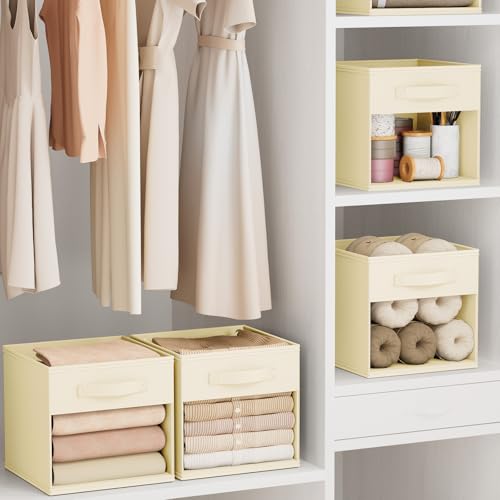 DIMJ Storage Cubes, Cube Storage Bin, 10 Pack Foldable Storage Cubes with Window, Closet Storage Bins with Handle, 11x 11 inch Storage Box for Clothes, Toys, Books - color: Beige, size: 10.6 Inch.- 10 Pack