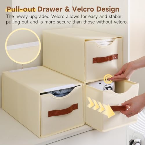 2 Pack Stackable Storage Drawers, Fabric Closet Organizers and Storage with Handles and Clear Window, Pull-Out Clothes Storage Bins with Drawer for Closet, Bedroom, Living Room, Under Bed, Beige - color: Beige, size: 2 Pack