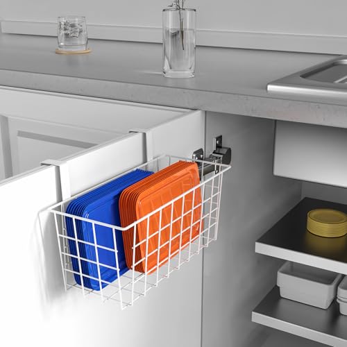 MaraFansie Basket with Hook, Grid Storage Basket, Over the Cabinet Door Organizer, Wire Hanging Basket with Hook Over the Railing, Under Sink Kitchen Cabinet, Pantry, Bathroom, White, 2 Pack - color: WHITE, size: 2 PACK