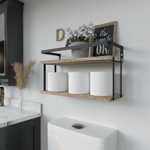 RICHER HOUSE Dual-Level Guardrail Floating Shelves, Rustic Wood Shelf Wall Mounted, Over Toilet Paper Storage Shelf for Bathroom Wall Decor, Bathroom Organizers and Kitchen Storage - Rustic Wood - color: Rustic Wood, size: 2 in 1