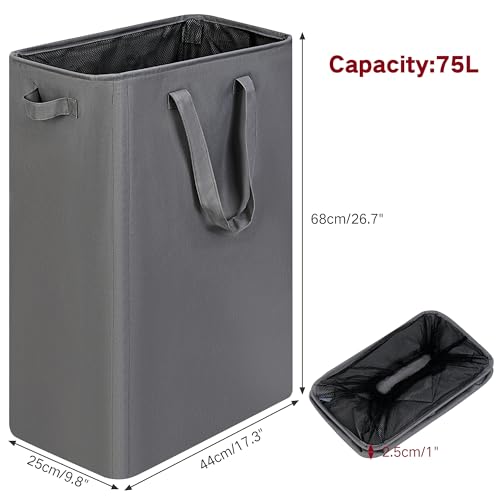 efluky Slim Laundry Basket, Narrow Laundry Hamper with Handles, Collapsible Dirty Clothes Hamper, Tall Laundry Bin for Laundry Room, Dorm and Bedroom, 19.8 Gallon (75L) Grey - color: Grey, size: 75L without Lid
