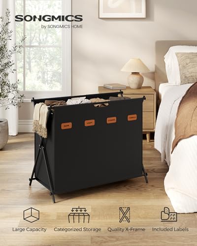 SONGMICS Laundry Hamper, Laundry Basket, 40.9 Gal. Laundry Sorter 4 Sections, Collapsible X-Frame, Clothes Organizer with Customizable Labels, Laundry Room, Bedroom, Bathroom, Ink Black ULCB140B01 - color: Ink Black, size: 155 L
