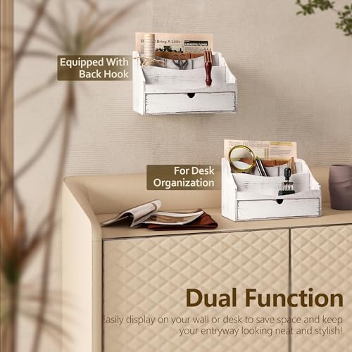 Pine Wood Mail Organizer for Desk - Charming Farmhouse Countertop Mail Sorter for Office Desk & Home Decor - Wooden Letter Organizer with Drawer & Dividers for Room Organization(Whitewash) - color: B-Whitewash