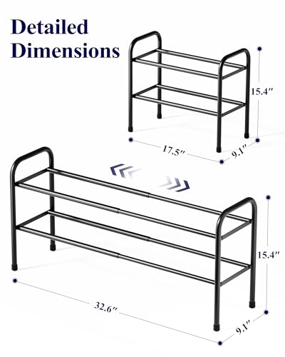 Kitsure Extendable Shoe Rack - 2-Tier Adjustable Metal Shoe Organizer, Sturdy Rust-Resistant Shoe Shelf for Entryway, Closet, or Bedroom, 17.5"–32.6" x 9.1" x 15.4", Black - color: Black, size: 2-Tiers