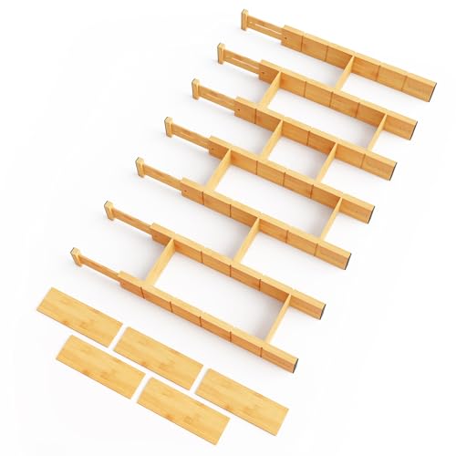 SpaceAid Bamboo Drawer Dividers with Inserts and Labels, Kitchen Adjustable Drawer Organizers, Expandable Organization for Home, Office, Dressers, 7 Dividers with 15 Inserts (17"-22" Natural) - color: NATURAL, size: 2.35''H, 17''-22''L, 7 Dividers