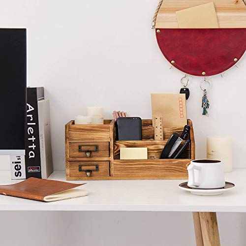 Liry Products Rustic Wooden Desktop Organizer Office Supplies Brown Tabletop Storage Cabinet Stepped Rack Multiple Compartments 2 Tier Drawers Makeup Accessory Jewelry Sorter Display Box Home Office - color: Brown