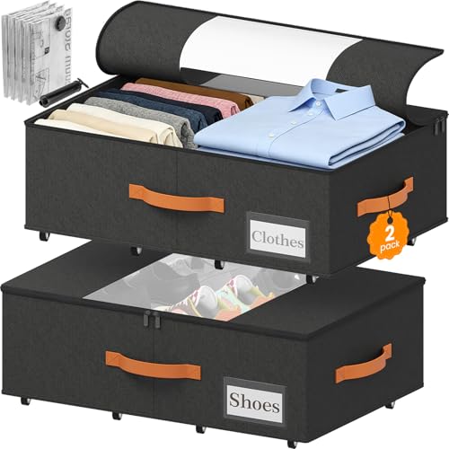 TOSKING 2-Pack Under Bed Storage Bins with Wheels and 4 Vacuum Seal Bags, Heavy Duty 80lbs Capacity,7.9"Height Clear Lid Organizer for Dorm Bedroom Clothes Shoes Toys, Quick Assembly Space Saver Black - color: Black, size: 7.9 inches