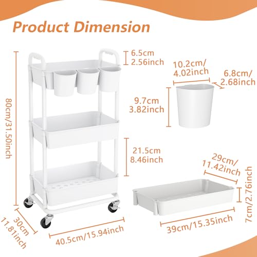 JIUYOTREE 3-Tier Plastic Rolling Storage Cart Utility Cart with Extra Hanging Cups Handles Lockable Wheels for Living Room Bathroom Kitchen Office White - color: White, size: 3-Tier