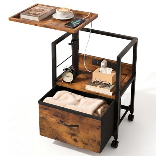 Faesun Swivel Lift Top Nightstand with Charging Station, Vacuum Forming Rolling Side Table for Recliner, Bedside Table with Wheels & a Fabric Drawer, for Small Spaces, for Bedroom, Living Room, Brown - color: Brown, size: 1 Drawer (Vac-Form)