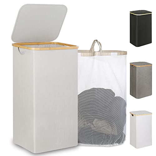 iEGrow 110L Laundry Basket with Lid, Laundry Hamper with Bamboo Handle,Clothes Basket Organizer with Removable Inner Bag for Clothes Toys Towels,Light Grey - color: Light Grey, size: 110L