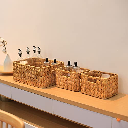 HOONEX Water Hyacinth Storage Baskets, Wicker Baskets for Storage, Hand Woven Baskets with Carry Handles, Set of 3, Natural - color: Natural (Water Hyacinth), size: 17"D x 12.2"W x 7.5"H