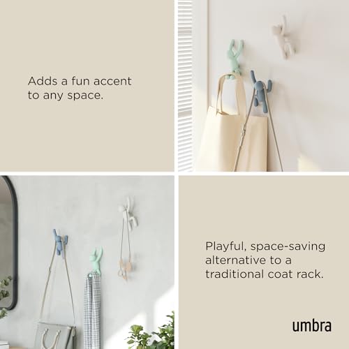 Umbra Buddy Wall Hooks – Decorative Wall Mounted Coat Hooks for Hanging Coats, Scarves, Bags, Purses, Backpacks, Towels and More, Set of 3, White/Grey/Mint - color: White/Mint/Blue