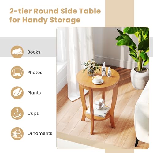 GOFLAME 2-Tier Round End Table, 18” Sofa Side Table with Storage Shelf, Floor Tea Table with Solid Wood Legs, Compact Nightstand for Small Space, Living Room, Bedroom, Light Brown - color: Light Brown