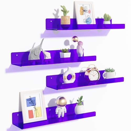 upsimples Acrylic Shelves for Wall Decor, 15" Display Shelf Perfume Organizer for Bathroom, Bedroom, Living Room, Floating Bookshelves for Kids, Clear Purple, 4 Pack - color: Purple