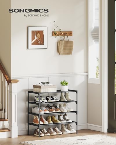 SONGMICS Shoe Rack, 4-Tier Shoe Storage Organizer, Space-Saving, 11.7 x 24.5 x 27.7 Inches, Entryway, Metal Frame, Non-Woven Fabric Shelves, Ink Black ULSH024BH01 - color: Ink Black, size: 4 Tiers (24.5"W)