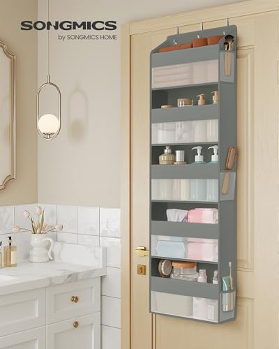SONGMICS Over-the-Door Organizer, 5-Tier Door Hanging Storage Shelf, Heavy-Duty Closet Hanging Organizer Foldable, Transparent, Pockets, Metal Hooks, Dove Gray URDH010GD01 - color: Dove Gray