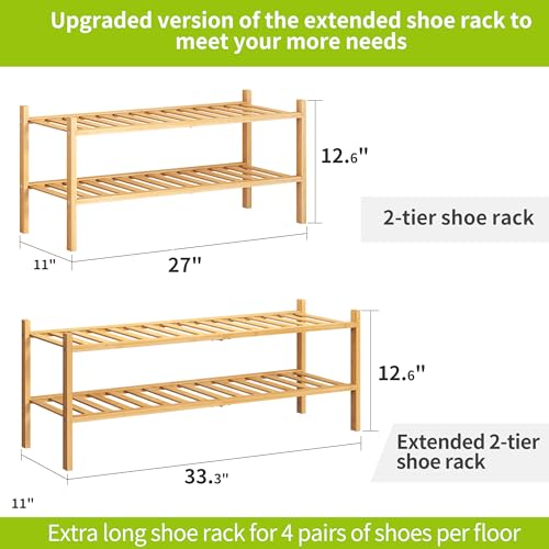 BMOSU 2-Tier Bamboo Extended Shoe Rack Premium Stackable Shoe Shelf Storage Organizer for Hallway Closet Living Room Entryway Organizer (Natural Bamboo) - color: Natural Bamboo, size: 2-Tier Long（33.3*11*12.6inches）
