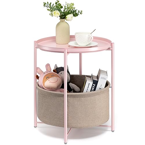 danpinera Round Side Table with Fabric Storage Basket, Metal Side Table Small Bedside Nightstand with Removable Tray Top for Living Room, Bedroom, Nursery, Laundry, Light Pink - color: Light Pink
