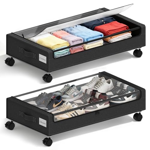 Under Bed Storage with Wheels - 2Pack 60L Underbed Storage Containers with Clear Lid & Label, Rolling Under Bed Storage Bins for Clothes, Shoes, Blankets (XL,Black) - color: Black, size: Large